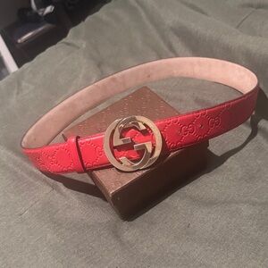 Gucci Embossed Red Belt with Gold GG Buckle